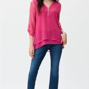 Joseph Ribkoff Crochet Mesh V Neck Zipper Top Sz 8 Dazzle Pink Lined Flare Hem
